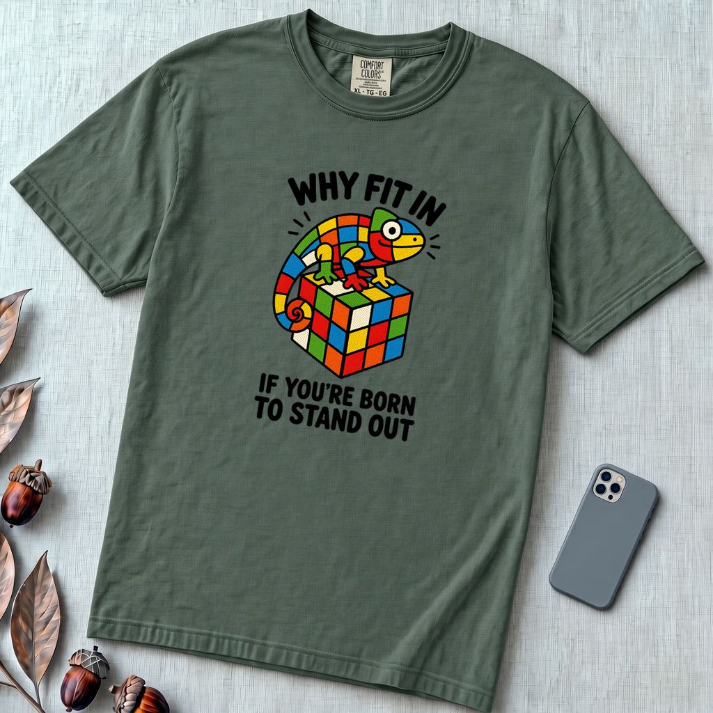 Why Fit In If You’re Born To Stand Out Chameleon T-Shirt, Rubik’s Cube Tee - Blue Spruce unfolded t-shirt mockup