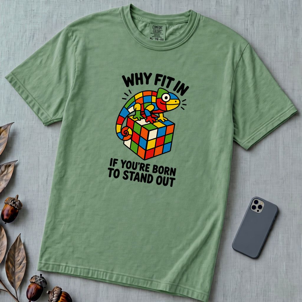 Why Fit In If You’re Born To Stand Out Chameleon T-Shirt, Rubik’s Cube Tee - Light Green unfolded t-shirt mockup