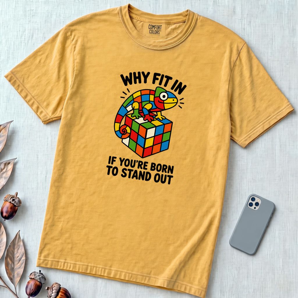 Why Fit In If You’re Born To Stand Out Chameleon T-Shirt, Rubik’s Cube Tee - Mustard unfolded t-shirt mockup