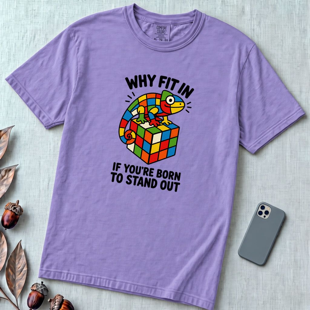 Why Fit In If You’re Born To Stand Out Chameleon T-Shirt, Rubik’s Cube Tee - Violet unfolded t-shirt mockup