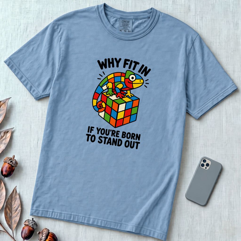 Why Fit In If You’re Born To Stand Out Chameleon T-Shirt, Rubik’s Cube Tee - Washed Denim unfolded t-shirt mockup