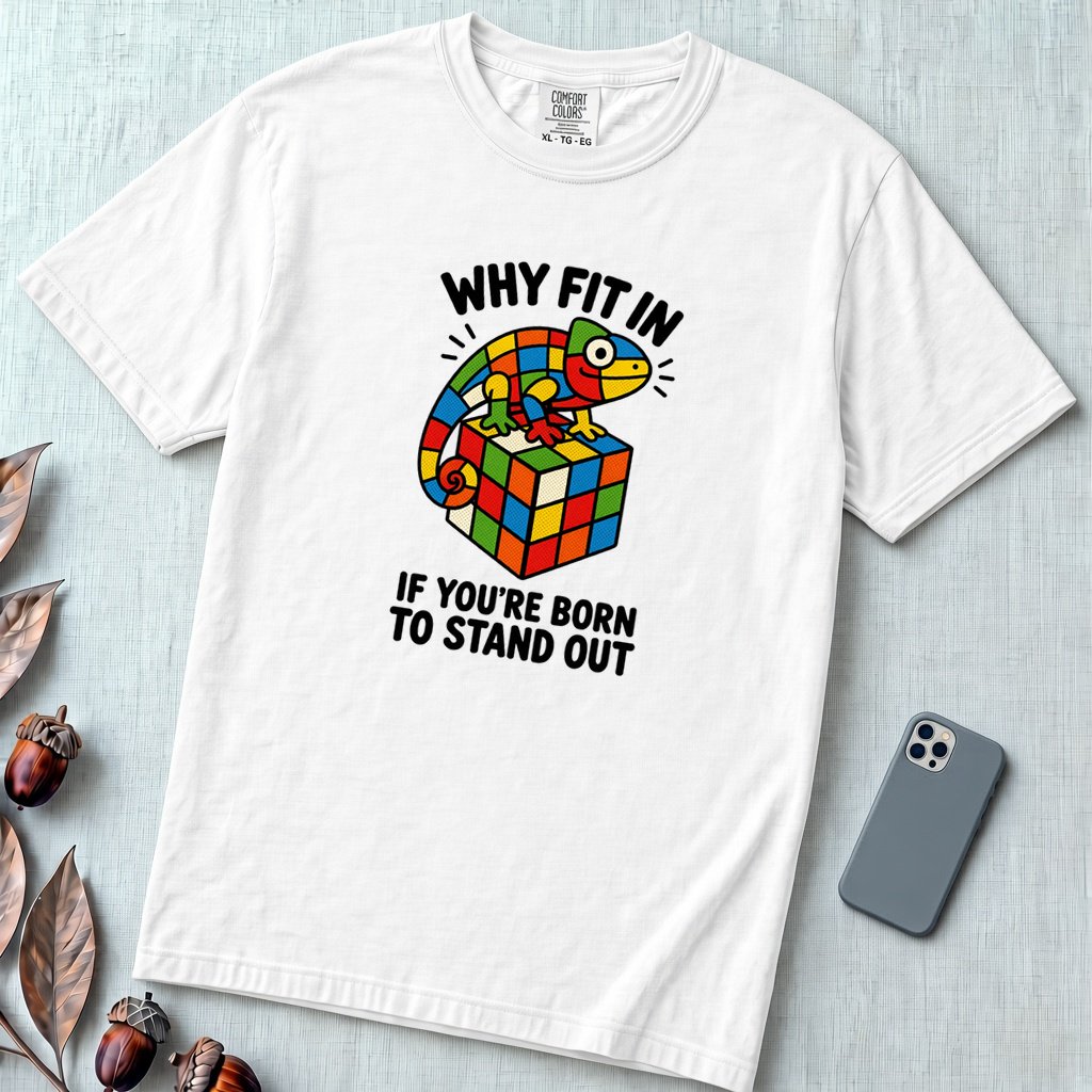 Why Fit In If You’re Born To Stand Out Chameleon T-Shirt, Rubik’s Cube Tee - White unfolded t-shirt mockup
