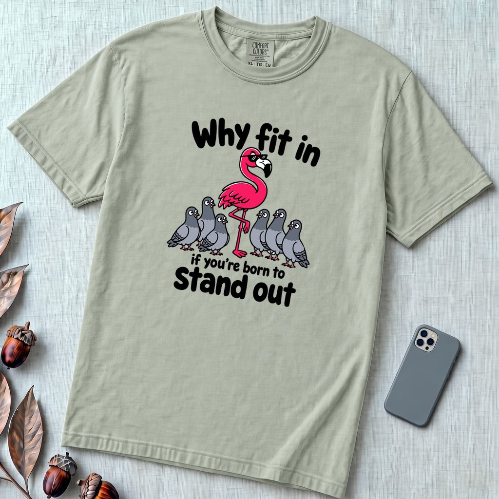 Why Fit In If You’re Born To Stand Out, Flamingo T-Shirt - Bay unfolded t-shirt mockup