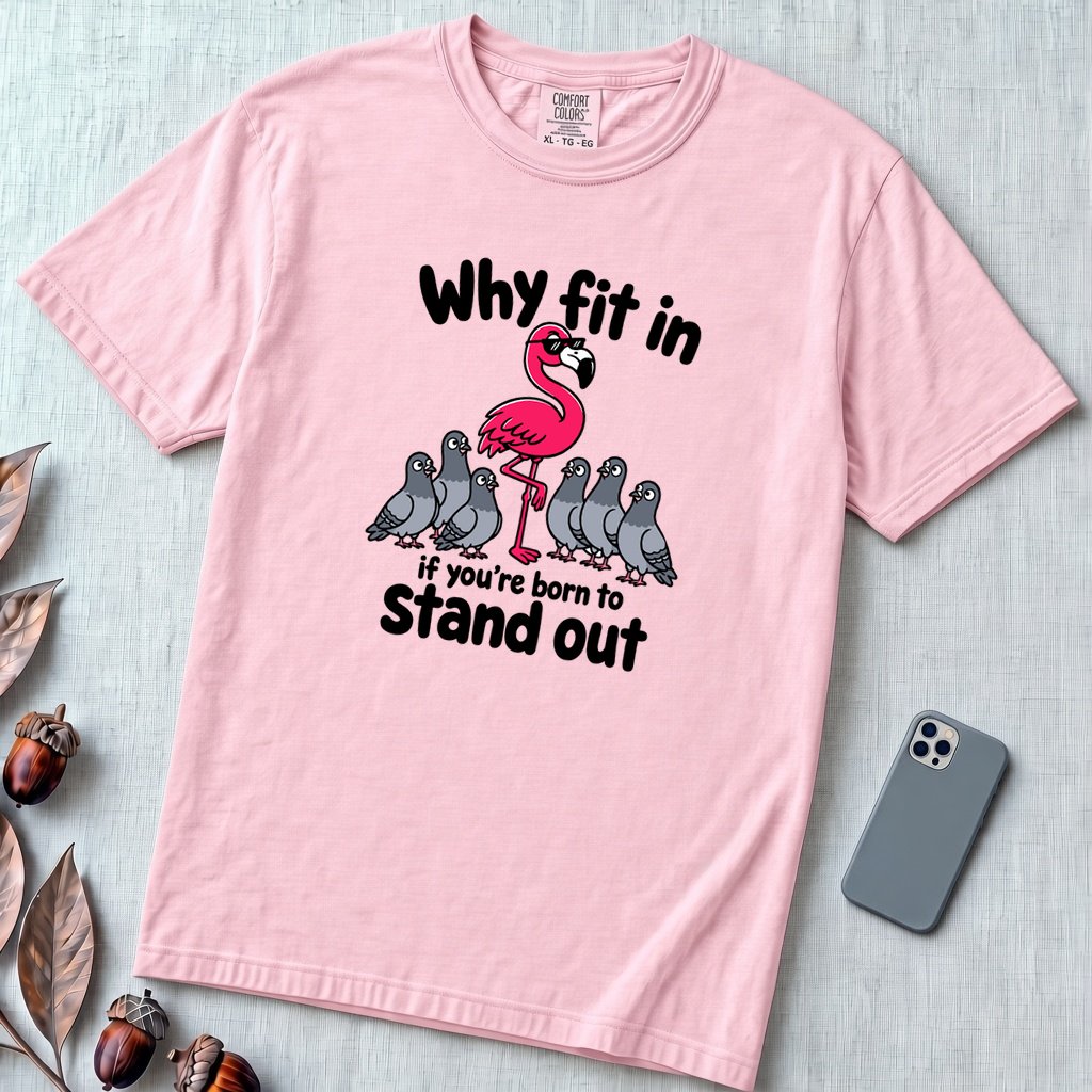 Why Fit In If You’re Born To Stand Out, Flamingo T-Shirt - Blossom unfolded t-shirt mockup
