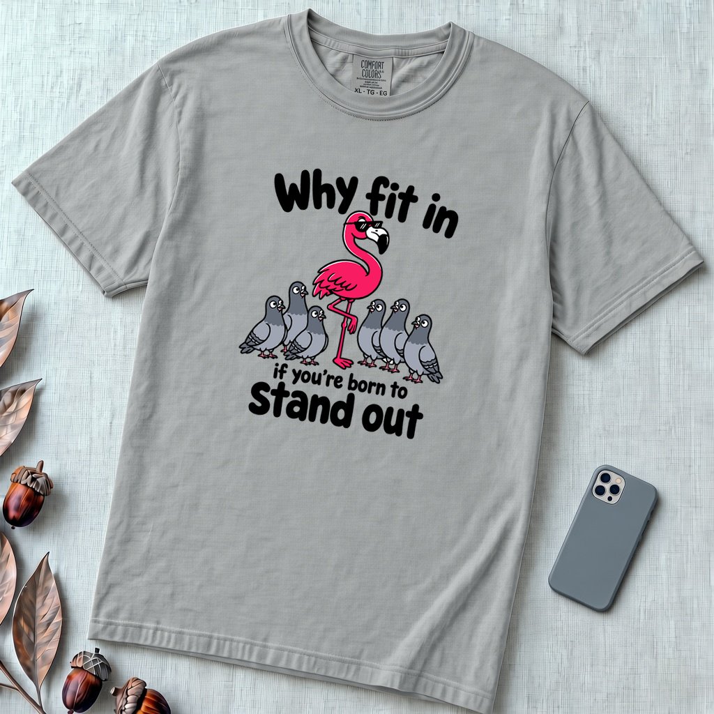 Why Fit In If You’re Born To Stand Out, Flamingo T-Shirt - Granite unfolded t-shirt mockup