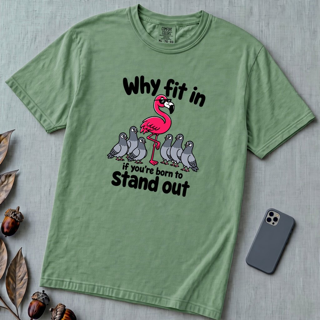 Why Fit In If You’re Born To Stand Out, Flamingo T-Shirt - Light Green unfolded t-shirt mockup