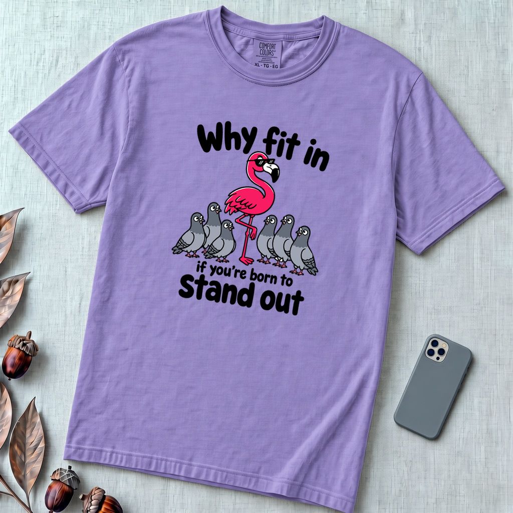 Why Fit In If You’re Born To Stand Out, Flamingo T-Shirt - Violet unfolded t-shirt mockup