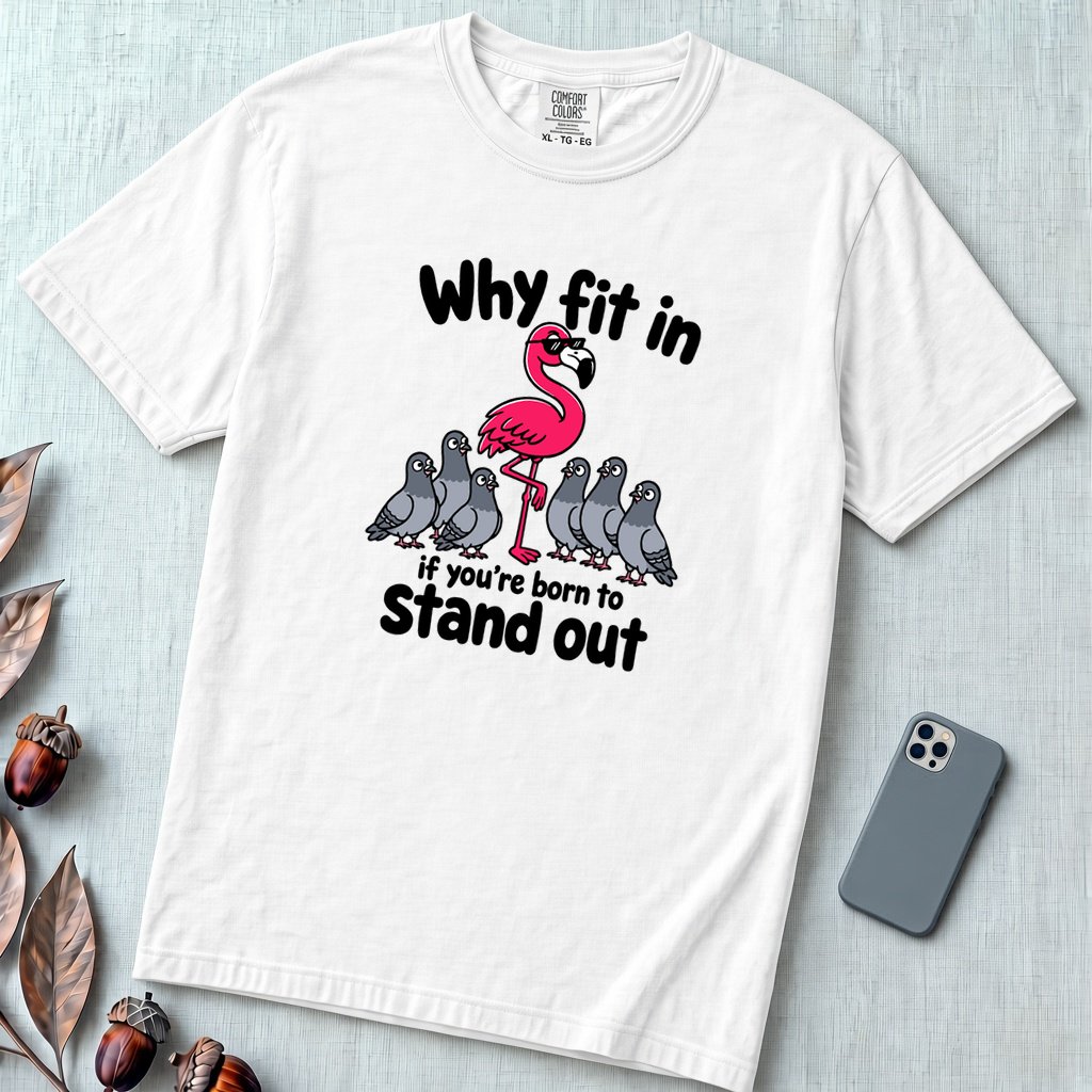 Why Fit In If You’re Born To Stand Out, Flamingo T-Shirt - White unfolded t-shirt mockup