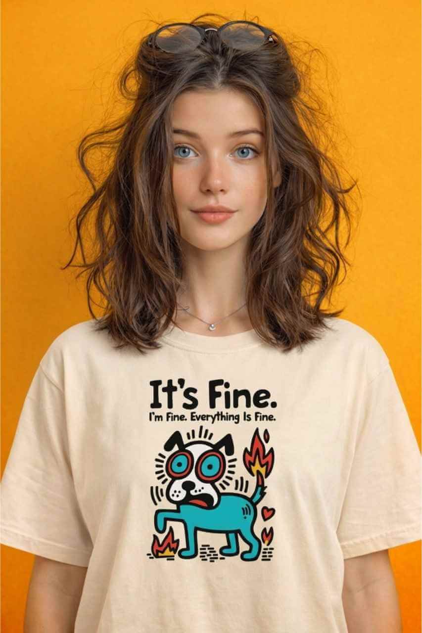 Woman with wavy brown hair wearing white "It's Fine. I'm Fine. Everything Is Fine." t-shirt featuring stressed cartoon dog on fire meme graphic