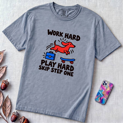 Work Hard, Play Hard, Skip Step One, dachshund T-Shirt - Washed Denim unfolded t-shirt mockup