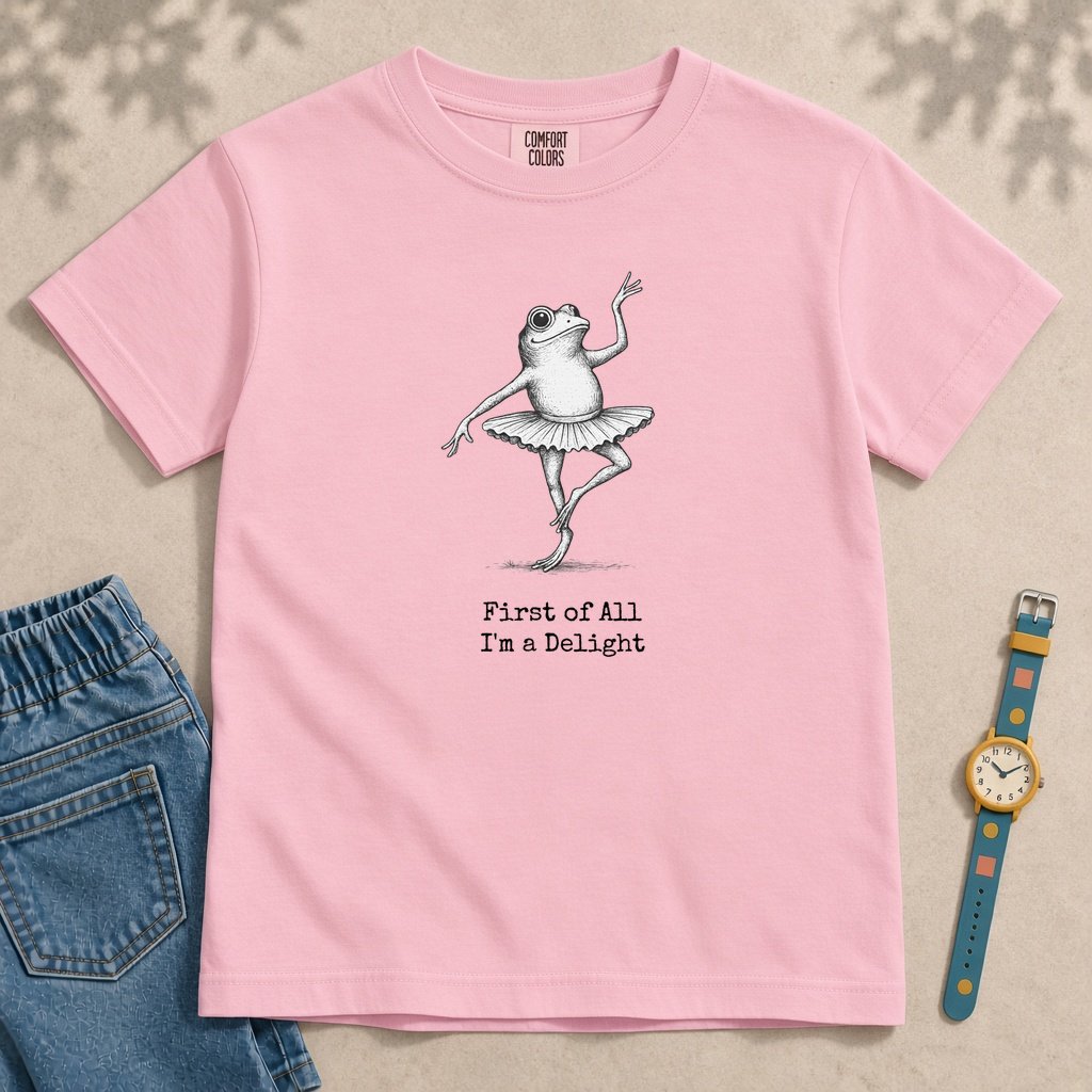 Youth First Of All I’m A Delight Frog T-Shirt - Blossom unfolded t-shirt mockup