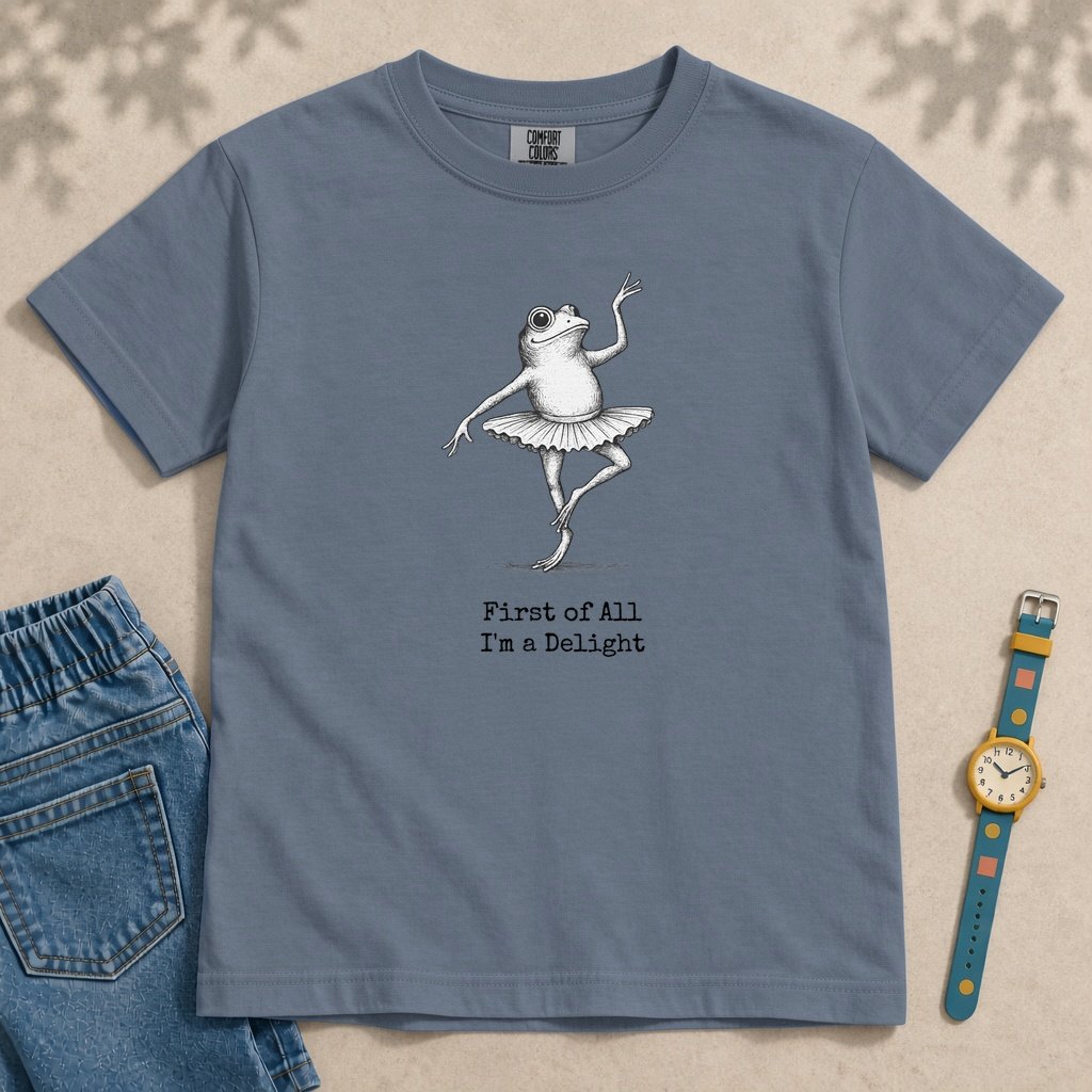 Youth First Of All I’m A Delight Frog T-Shirt - Blue Jean unfolded t-shirt mockup