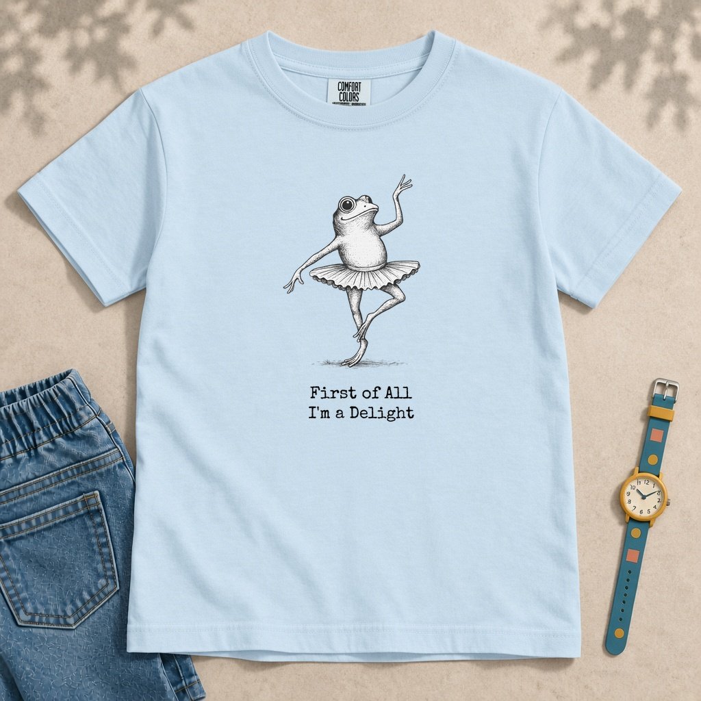 Youth First Of All I’m A Delight Frog T-Shirt - Chambray unfolded t-shirt mockup