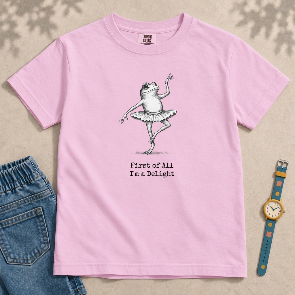 Youth First Of All I’m A Delight Frog T-Shirt - Orchid unfolded t-shirt mockup