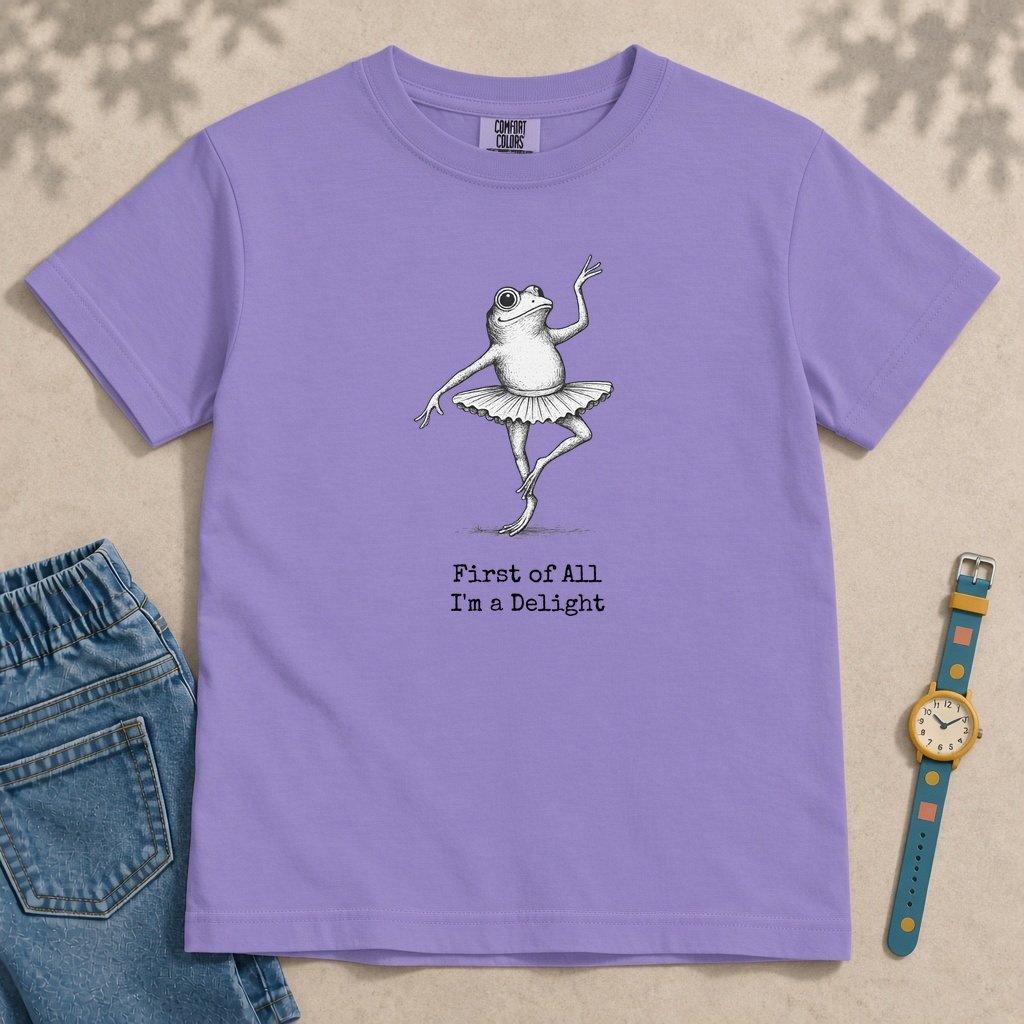Youth First Of All I’m A Delight Frog T-Shirt - Violet unfolded t-shirt mockup