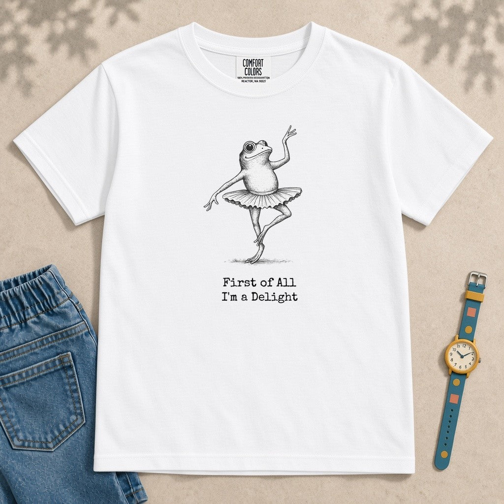 Youth First Of All I’m A Delight Frog T-Shirt - White unfolded t-shirt mockup