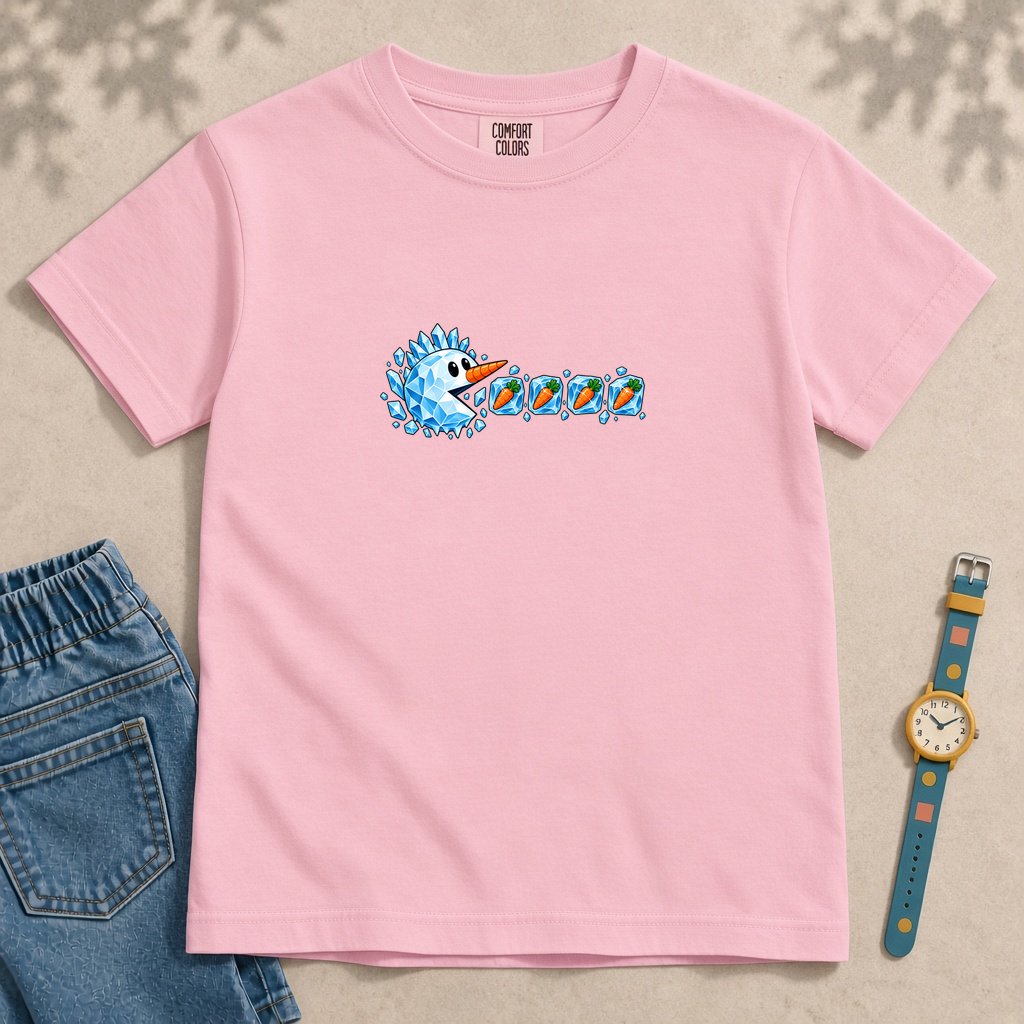 Youth Frozen Snowman Chomp Christmas T-Shirt - Blossom unfolded t-shirt mockup