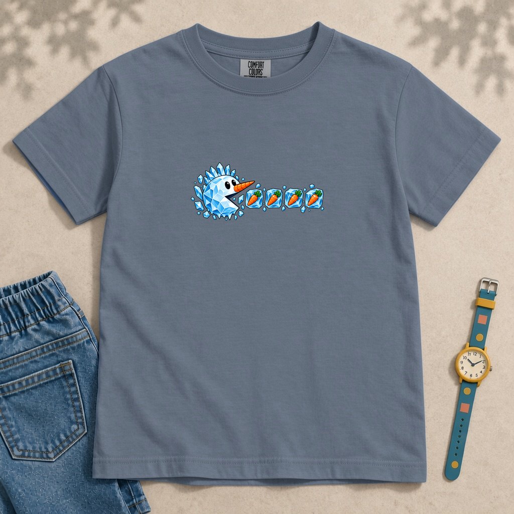Youth Frozen Snowman Chomp Christmas T-Shirt - Blue Jean unfolded t-shirt mockup