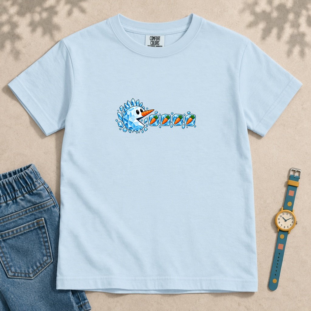 Youth Frozen Snowman Chomp Christmas T-Shirt - Chambray unfolded t-shirt mockup