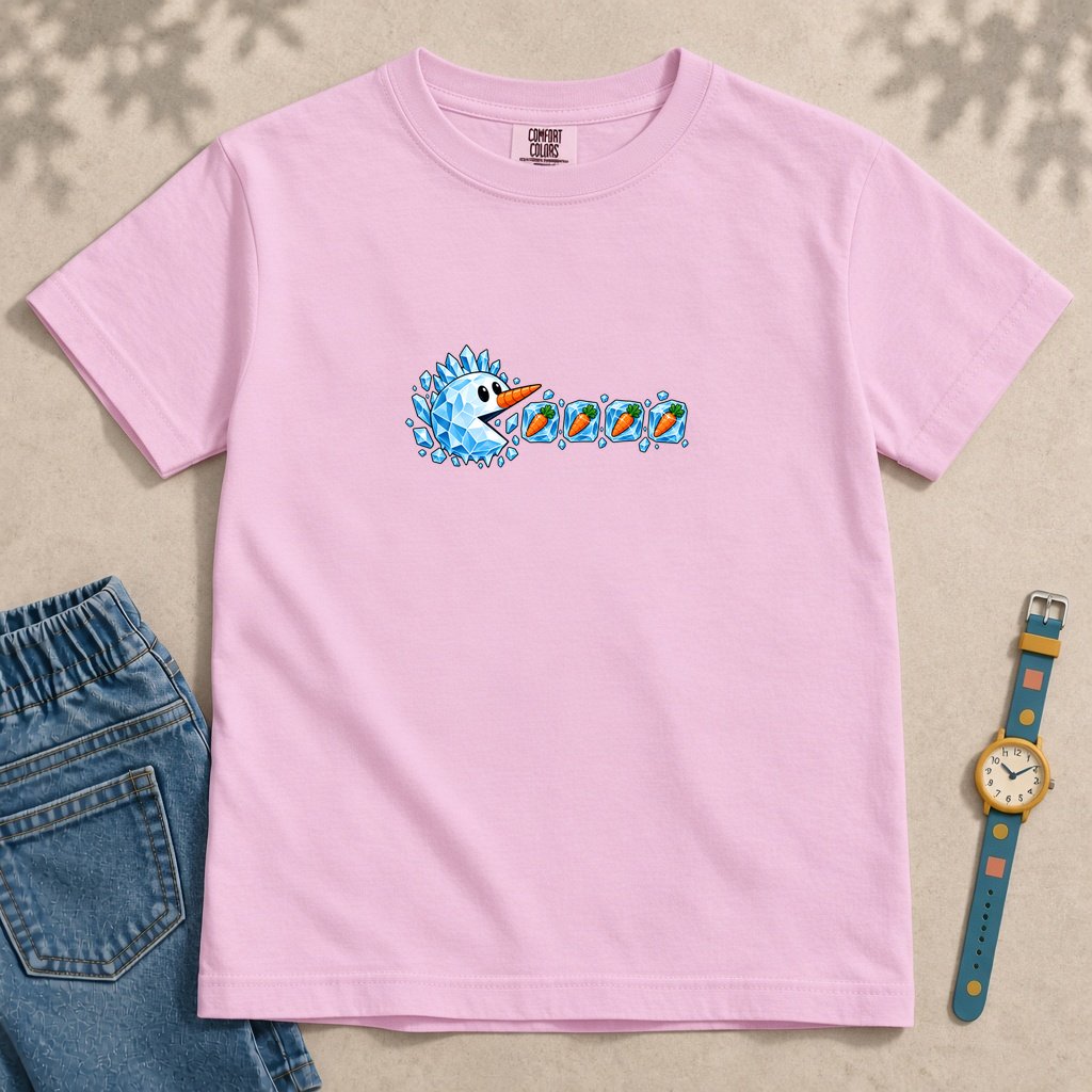 Youth Frozen Snowman Chomp Christmas T-Shirt - Orchid unfolded t-shirt mockup