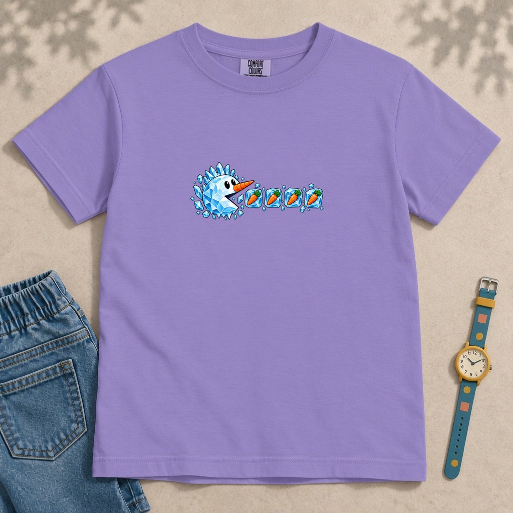 Youth Frozen Snowman Chomp Christmas T-Shirt - Violet unfolded t-shirt mockup