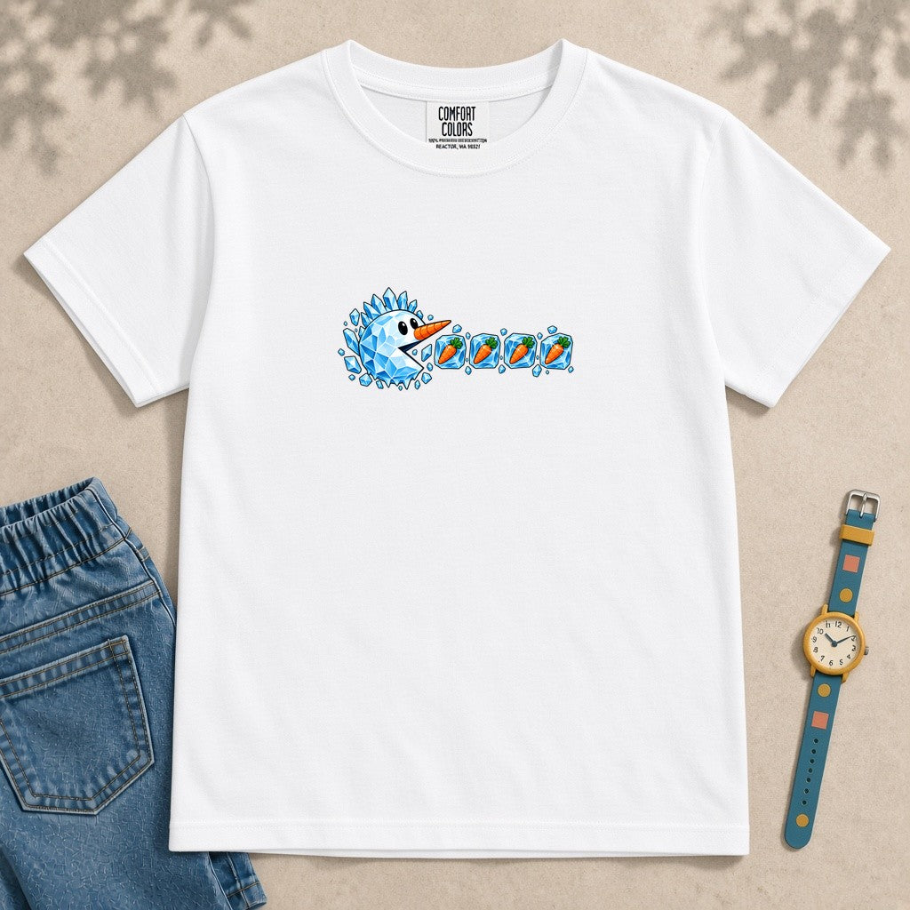 Youth Frozen Snowman Chomp Christmas T-Shirt - White unfolded t-shirt mockup