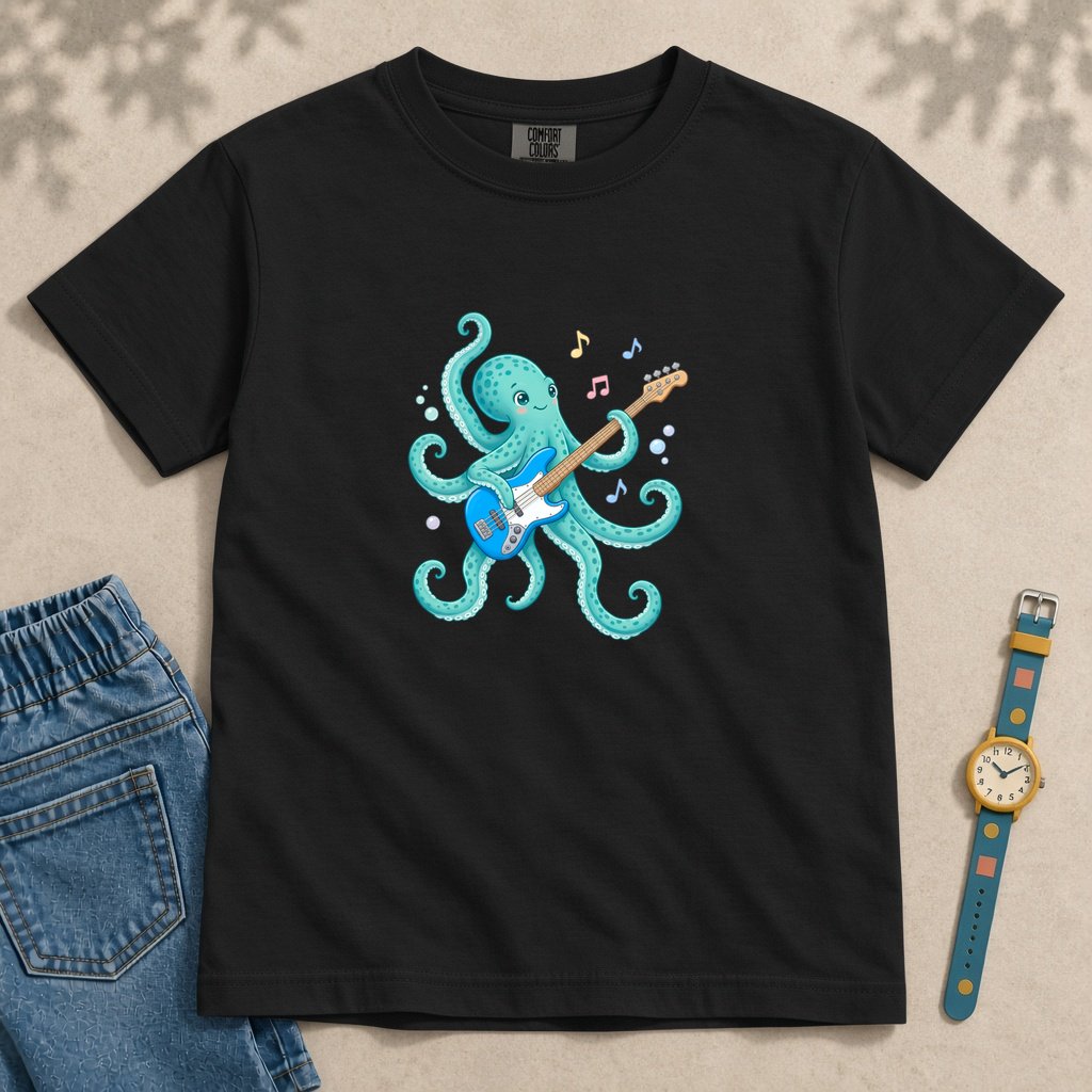 Youth Octopus Guitar T-Shirt - Black unfolded t-shirt mockup