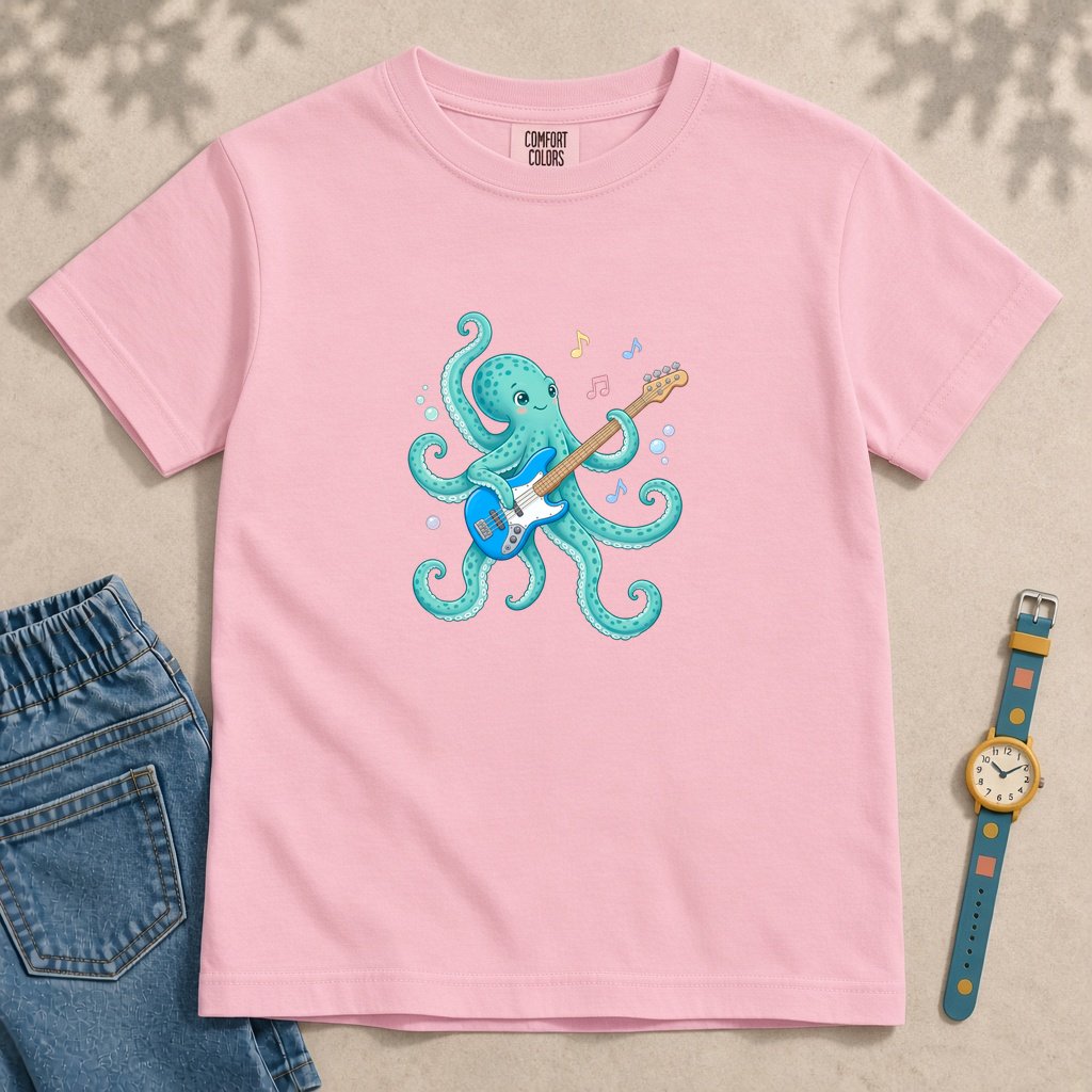 Youth Octopus Guitar T-Shirt - Blossom unfolded t-shirt mockup