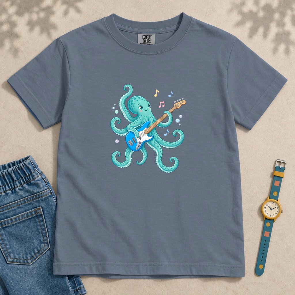 Youth Octopus Guitar T-Shirt - Blue Jean unfolded t-shirt mockup