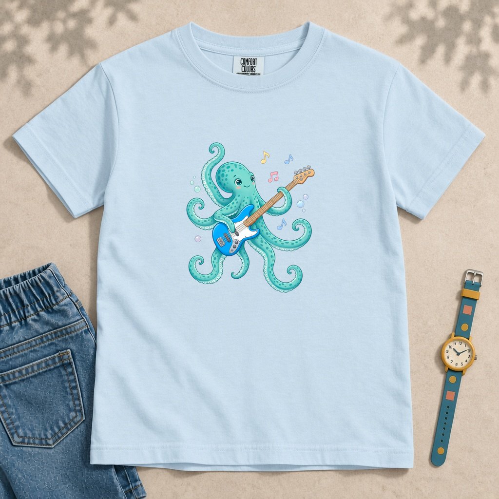 Youth Octopus Guitar T-Shirt - Chambray unfolded t-shirt mockup