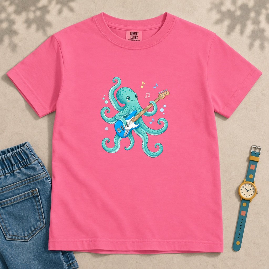 Youth Octopus Guitar T-Shirt - Crunchberry unfolded t-shirt mockup