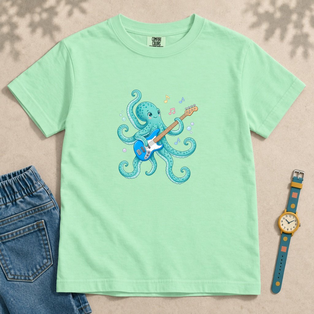 Youth Octopus Guitar T-Shirt - Island Reef unfolded t-shirt mockup