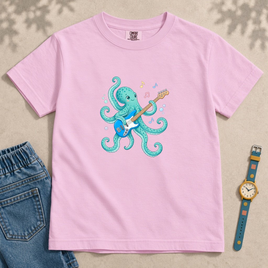 Youth Octopus Guitar T-Shirt - Orchid unfolded t-shirt mockup