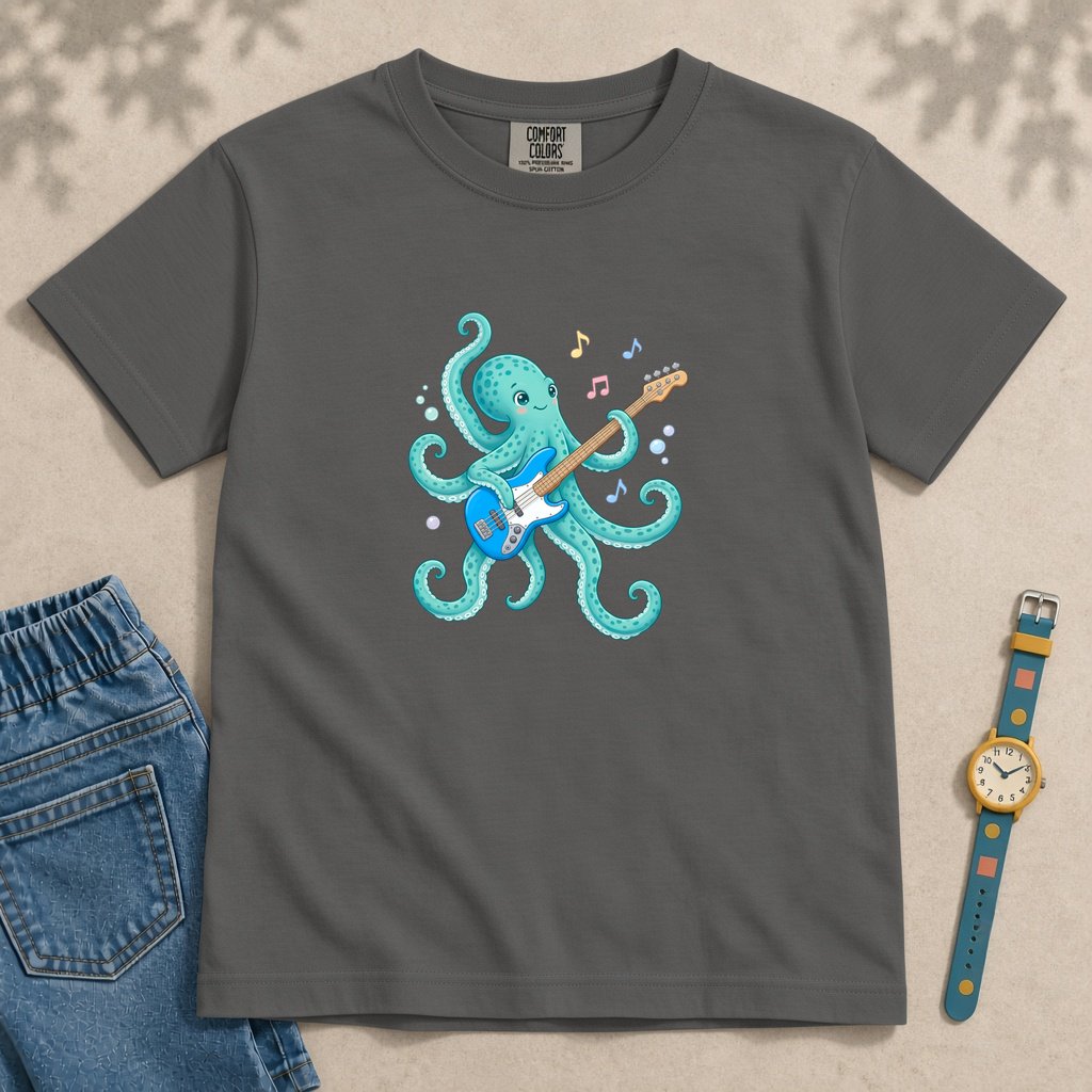 Youth Octopus Guitar T-Shirt - Pepper unfolded t-shirt mockup