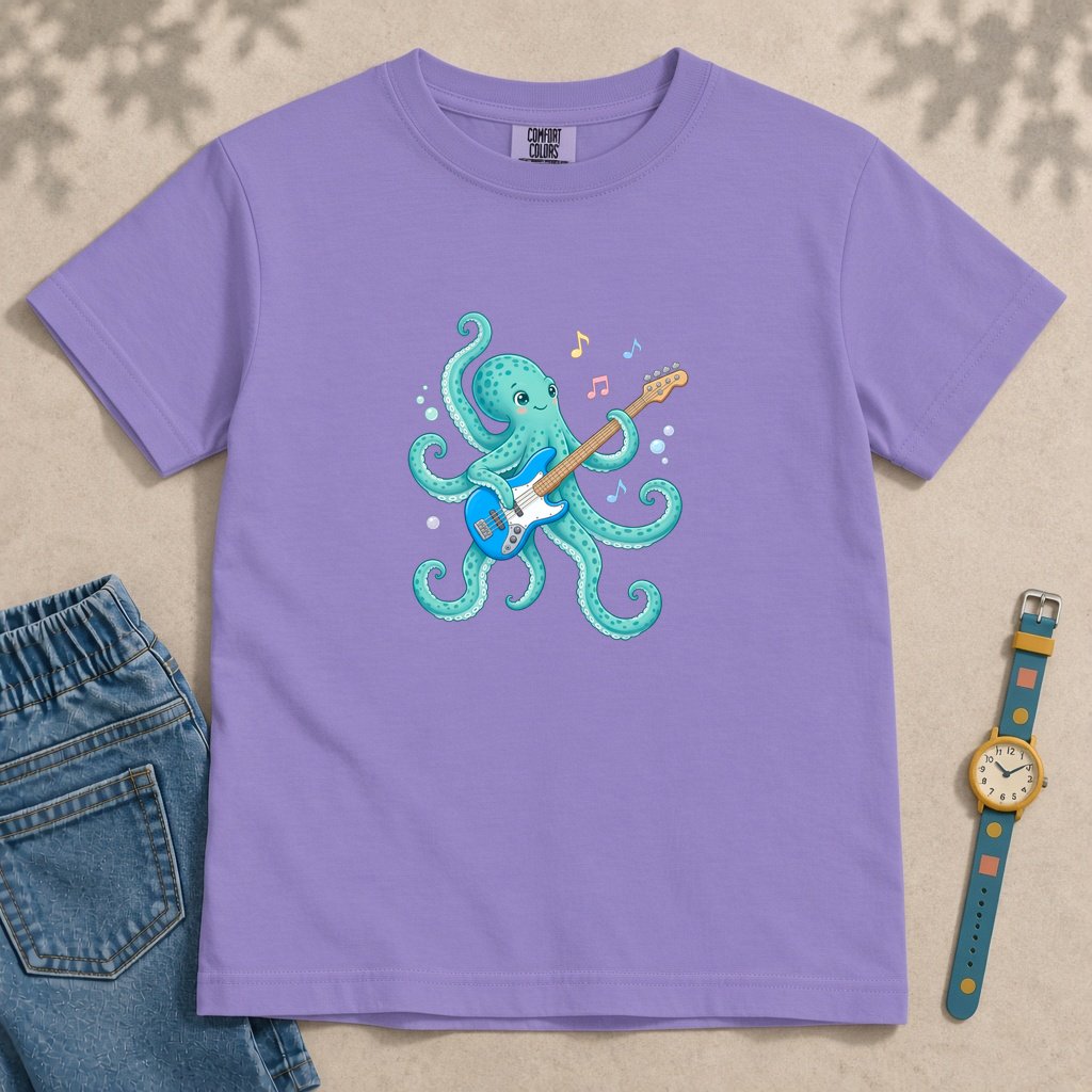 Youth Octopus Guitar T-Shirt - Violet unfolded t-shirt mockup