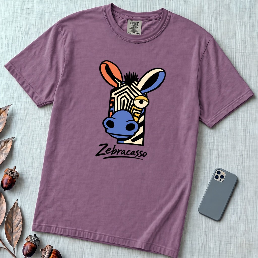 Zebracasso Cubist Zebra T-Shirt, Picasso Inspired Zebra Tee - Berry unfolded t-shirt mockup