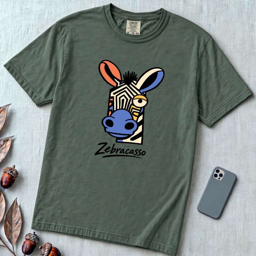 Zebracasso Cubist Zebra T-Shirt, Picasso Inspired Zebra Tee - Blue Spruce unfolded t-shirt mockup