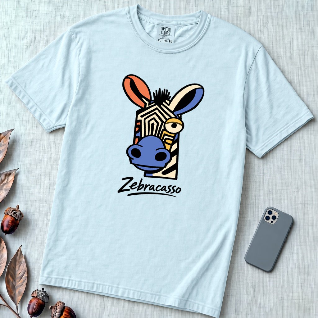 Zebracasso Cubist Zebra T-Shirt, Picasso Inspired Zebra Tee - Chambray unfolded t-shirt mockup