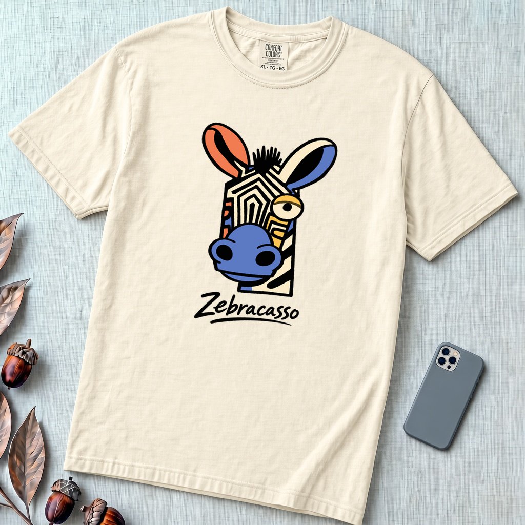 Zebracasso Cubist Zebra T-Shirt, Picasso Inspired Zebra Tee - Ivory unfolded t-shirt mockup