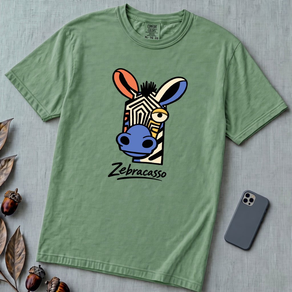 Zebracasso Cubist Zebra T-Shirt, Picasso Inspired Zebra Tee - Light Green unfolded t-shirt mockup