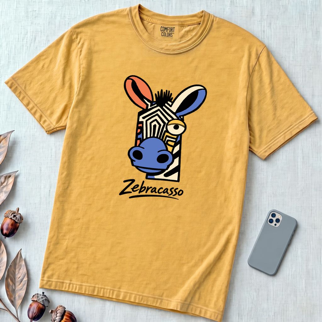 Zebracasso Cubist Zebra T-Shirt, Picasso Inspired Zebra Tee - Mustard unfolded t-shirt mockup