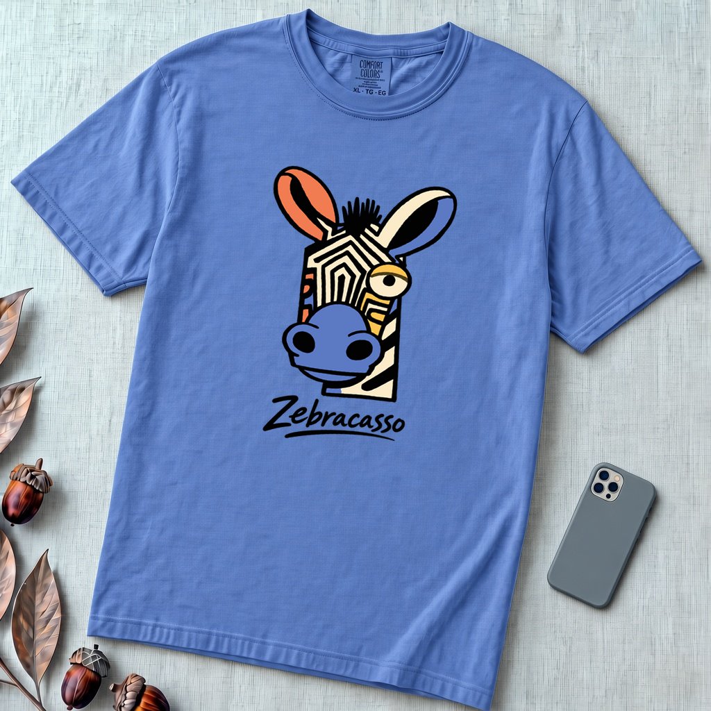 Zebracasso Cubist Zebra T-Shirt, Picasso Inspired Zebra Tee - Mystic Blue unfolded t-shirt mockup