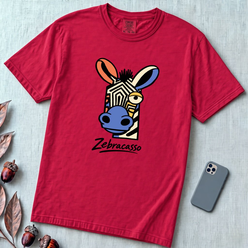 Zebracasso Cubist Zebra T-Shirt, Picasso Inspired Zebra Tee - Red unfolded t-shirt mockup
