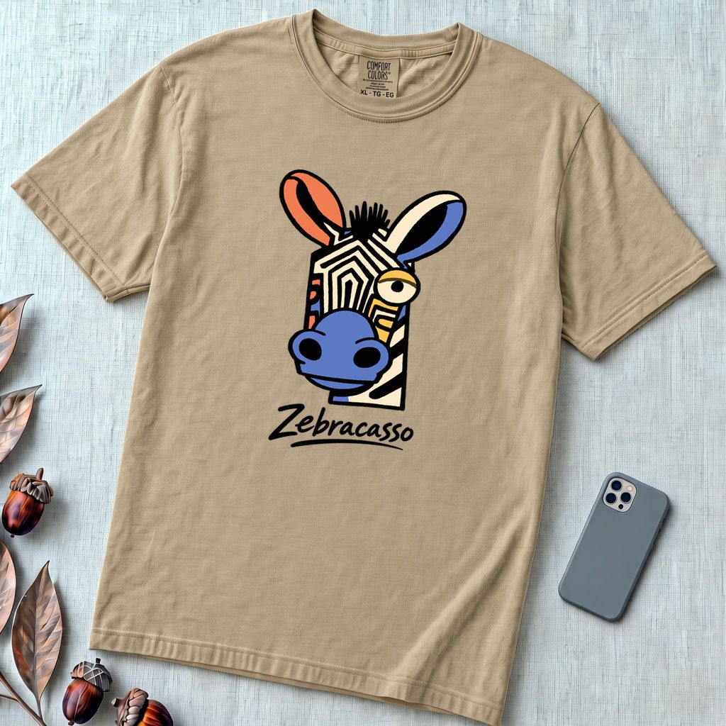 Zebracasso Cubist Zebra T-Shirt, Picasso Inspired Zebra Tee - Sandstone unfolded t-shirt mockup