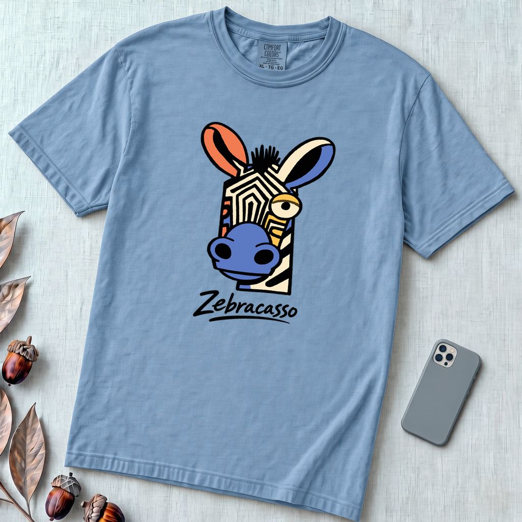 Zebracasso Cubist Zebra T-Shirt, Picasso Inspired Zebra Tee - Washed Denim unfolded t-shirt mockup