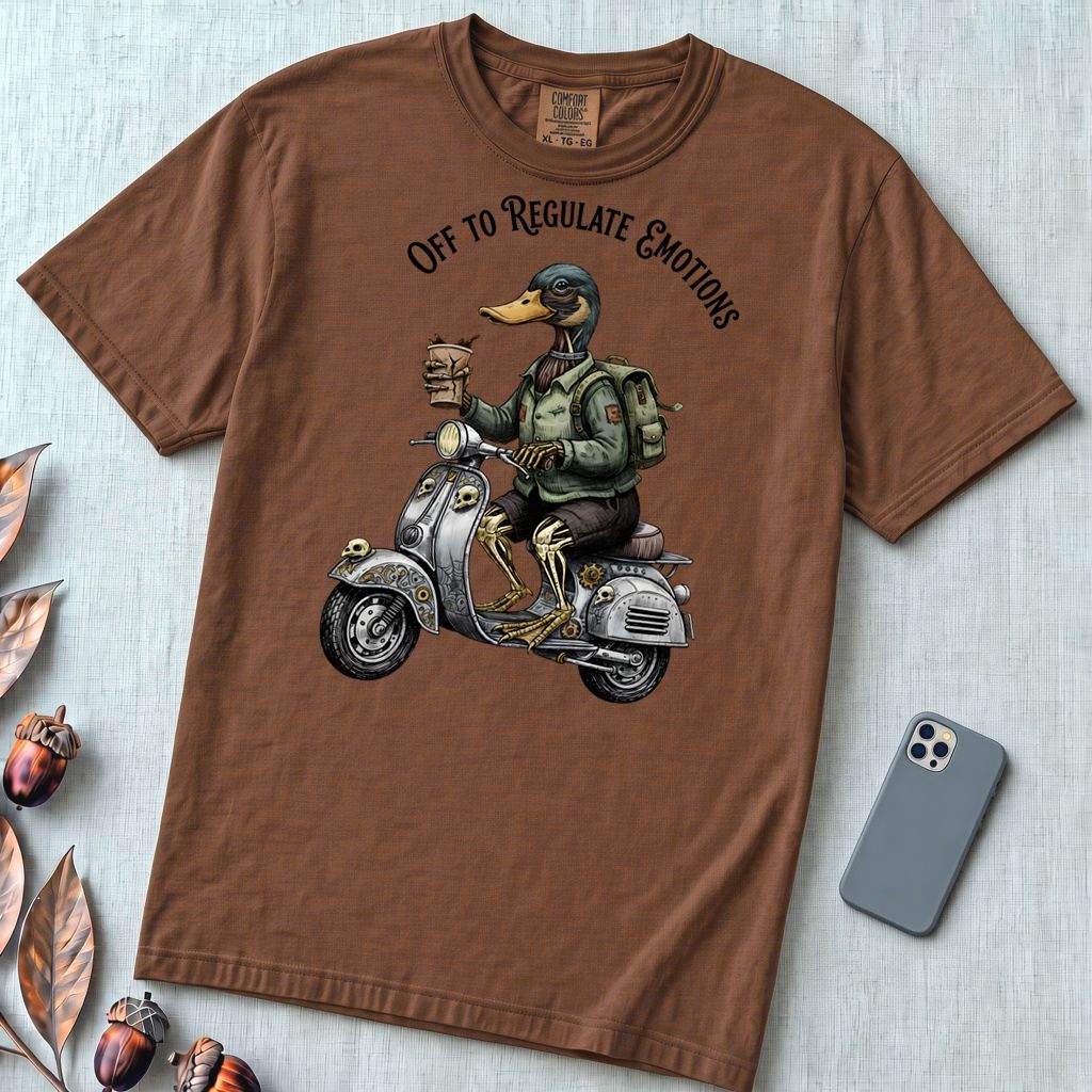 Zombie Duck Regulating Emotions T-Shirt - Espresso unfolded t-shirt mockup