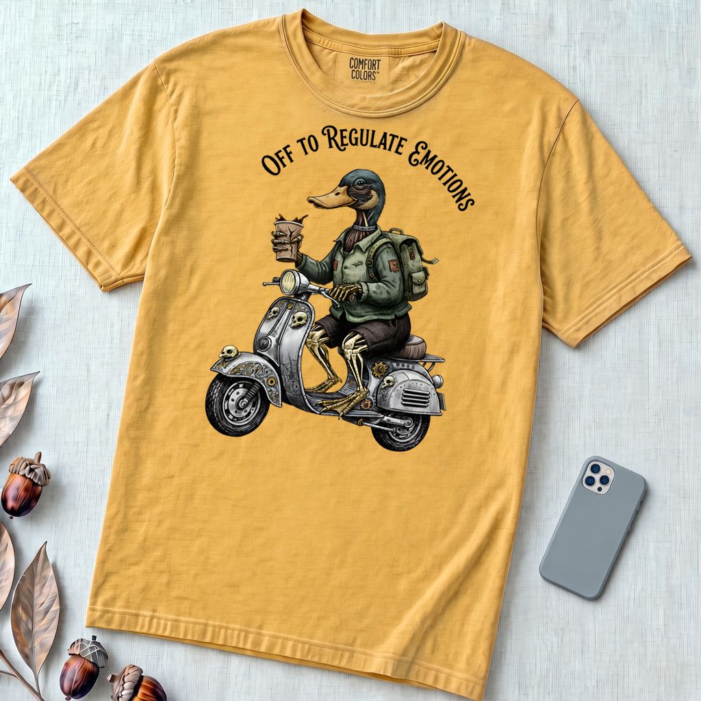 Zombie Duck Regulating Emotions T-Shirt - Mustard unfolded t-shirt mockup