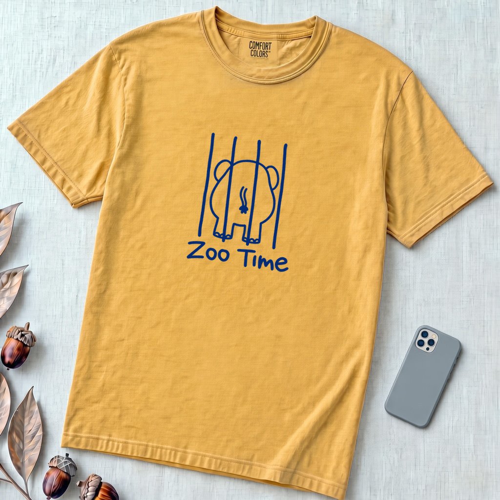 Zoo Time Elephant T-Shirt,  Funny Elephant Butt Tee - Mustard unfolded t-shirt mockup