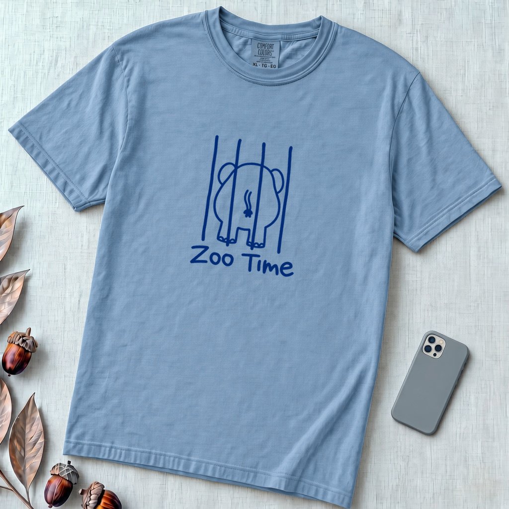 Zoo Time Elephant T-Shirt,  Funny Elephant Butt Tee - Washed Denim unfolded t-shirt mockup