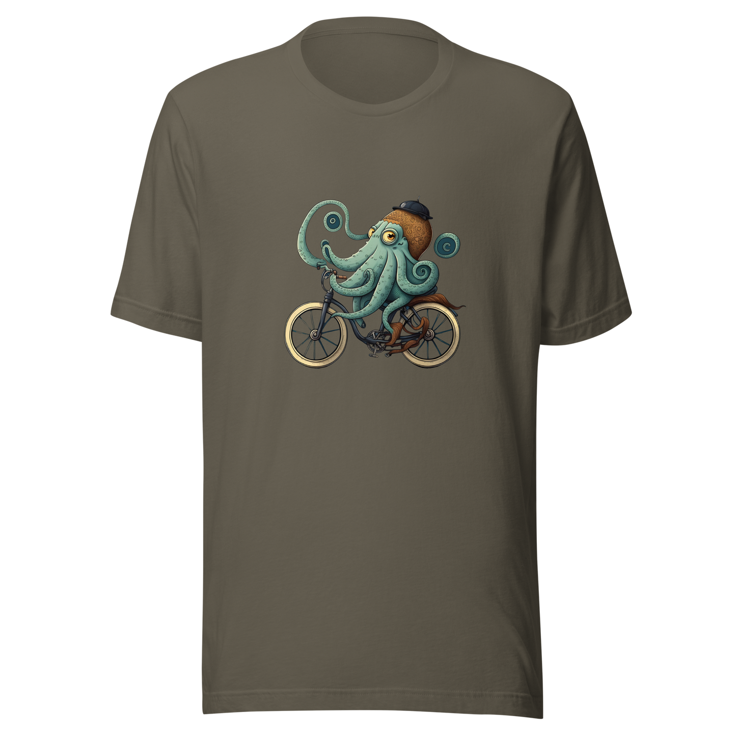 Unisex t-shirt with octopus on a bike